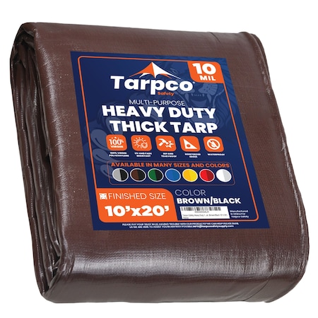 Tarpco Safety Heavy Duty Tarp, 20 ft L x 0.5 mm H x 10 ft W, 10 Mil, Brown/Black, Polyethylene TS-152-10X20